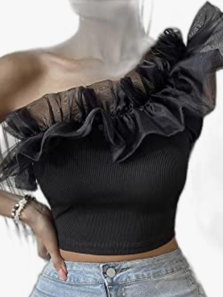 Shein Black One-Shoulder Ruffle Mesh Trim Crop Top